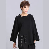 2023New Spring Summer Black Full Sleeve O Collar Split Pullover Personality Women Fashion Tide Loose Casual T-shirt