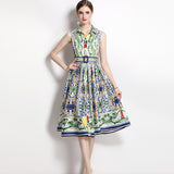 Summer Runway Shirt Dress Women's Notch Collar Sleeveless Blue And White Porcelain Print Lace-Up Belt Pleated Midi