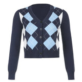 Plaid Knitted Cropped Cardigan Women Long Sleeve Blue Sweater Woman Autumn Casual Knitwear Buttons Streetwear