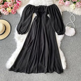 Autumn Women Slash Neck Long Sleeve Midi Dress Female Yellow/Red/Pink High Waist Ruffle Big Swing Chiffon Robe Fashion 2022
