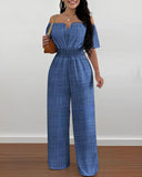 Jumpsuit Off Shoulder Shirred Waist Jumpsuits Summer 2023 Women Wide Leg Pants Playsuits High Waist Overalls