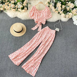 Women Autumn Bohemian Floral Set V Neck Puff Sleeve Short Top+Sexy Split High Waist Wide Leg Long Pants Two Pieces