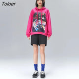 Women Sweatshirts with Hat 2022 Spring O Neck Loose Hoodies Galaxy Girl Print Chic Casual Unique Design