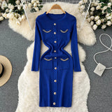 Pocket Fashion Women Sweater Dress V Neck Chain Long Sleeve Bodycon Dress Female Elastic Solid Warm Knitted