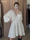 Sexy Deep V-neck Mini Dress Ladies Fashion Loose Long Sleeve Office Dress Streetwear Elegant White Dresses For