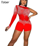 Diamonds Rompers And Jumpsuits Summer Sexy Short Jumpsuits For Women Casual Mesh See Through Long Sleeve Romper