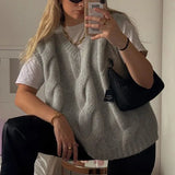 PUWD Vinatge Woman Grey Oversized V Neck Thick Knitted Vest Autumn Winter Fashion Ladies Loose Soft Tank Female Casual