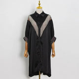 Single Breasted Black Dress For Women Lapel Collar Batwing Short Sleeve Patchwork Diamonds Mid Dresses Female 2023