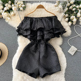 Sexy Slash Neck Off Shoulder Ruffle Rompers Women Summer Elegant High Waist Wide Leg Playsuits Green/White/Black Jumpsuits