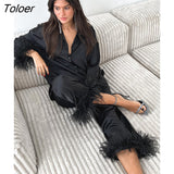 Elegant Black Feathers Lapel Shirts Elastic Waist Pants Suits Women 2023 Spring Two Piece Sets Autumn Loose Casual