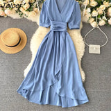 Lace-up Green Dress Women Summer 2023 Short Sleeve Ruffle Solid Woman Dress V Neck Irregular Casual Long Dresses