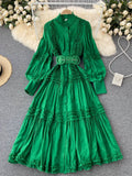 Fashion Women's Dress New Round Neck Lace Loose Single Breatsed Long Sleeve Belt Waist Mid-calf Dresses Summer2023