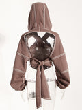 Brown Back Bow Irregular Cut-out Sweatshirt New Hooded Long Sleeve Women Big Size Fashion Tide Spring Autumn 2023