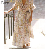 Vintage Women Long Sleeve Printed Dress Casual V-neck Lace-up Floral Long Dress Bohemian Fashion Vacation Beach