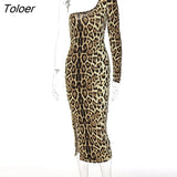 Print Sexy One Shoulder Bodycon Dress Elegant Women Pencil Slim Skinny Shoulder Pads Formal High Split Party