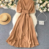 Lace-up Green Dress Women Summer 2023 Short Sleeve Ruffle Solid Woman Dress V Neck Irregular Casual Long Dresses