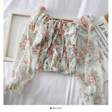 one-shoulder floral lace tie ruffled chiffon shirt female pleated was thin puff sleeve bottoming
