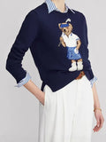 New Women's Bear Embroidered Retro Body Sweater College Style Knitted Shirt
