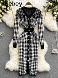 Women Elastic Knitted Dress Long Sleeve O Neck Button Belt Slim Sheath Dresses Autumn Sexy Bodycon Split Short