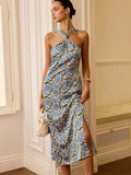 New Women's Holiday Style Hanging Neck Sling Skirt French Temperament Print