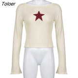 Casual Knitted Tops Star Patches Y2K Cutecore Clothes O Neck Long Sleeve Slim Fall Outfits Women T Shirt