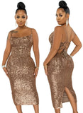 Fashion Sexy Sequins Straps Backless Slit Midi