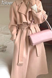 Women Elegant Long Sleeve Woolen Coats Female Simple Solid Winter Warm Overcoat With Belt Office Lady Korean