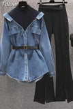 Popular Autumn New Style Personalized Denim Splice Shirt Casual Wide Leg Trousers Two Piece Elegant Women's Pants