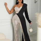 New Jumpsuit Women Fashion Sequins Patchwork Short Sleeve Slim Bodycon Outfits Lady Elegant Sexy One Piece Party