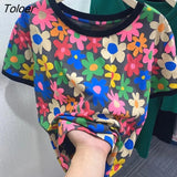 New Korean Fashion Summer Fashion Casual Circle Collar Printing Personality Retro Trend Short Sleeve T Shirt Women