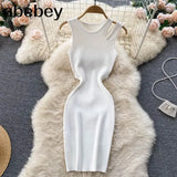 Strap Women Knitted Pencil Dress O Neck Sleeveless Elastic Slim Sheath Dresses Summer Korean Streetwear Short