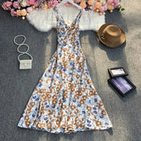 New Summer Fashion V-neck sleeveless off shoulder Dress high waist pleated waist print mid-length A-line