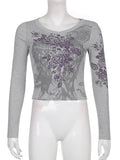 Rhinestone Floral Vintage Graphic T Shirts Women Gray Casual Cute New Sweat Tops O Neck Long Sleeve Autumn Baby