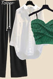 Summer New Lace Suspender White Shirt Wide Leg Pants Three-piece Elegant Women Pants Set Summer Outfits