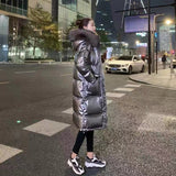 Women Winter Puffer Jacket Chic Big Fur Warm Ultra Light Long Coat Female Parka Hooded Glossy Jackets Oversized Plus