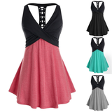 Tank Top Women Sleeveless Colorblock Shirt Summer Casual Ladies Lace Up Crossover Tanks V Neck