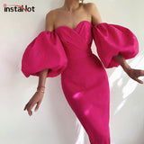 Graduation party Women Elegant Dress Lantern Sleeve Casual Strawberry Print Sexy Off Shoulder Party Mid Calf Dress Summer