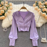 New Spring Shirts Women Elegant Vintage Solid Long Sleeves Slim Tops Fashion Button Sexy Streetwear Short