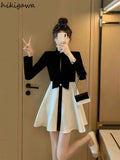 Vestidos De Mujer Temperament Black Woman Dress Stand Neck Hollow Out Slim Waist Robe Femme Fashion Tunic Vintage