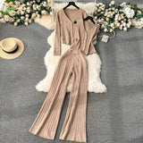 Feel Set 2025 Spring Women's Metal Buckle Vest Knitted Open-Shirt Broad Leg Pants Fashion Three-Piece