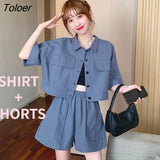 Women Sets Short Sleeve Turn-down Collar Shirts Elastic Waist Shorts Womens High Street Harajuku Solid Streetwear Casual 2