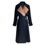 Women Black Color-block Big Size Long Trench New Lapel Long Sleeve Windbreaker Fashion Tide Spring Autumn 2023
