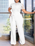 Women's Sexy Lace Lace Hollow Short-Sleeved Strap High-Waisted Broad-Legged Jump-Legged