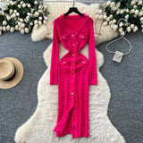 Small Fragrant Style High-Level Sense V-Neck Metal Buckle Waist Knitted Dress Women Autumn Body Fork Long