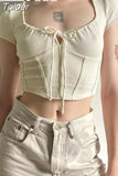 Sweet Casual Lace-up Corset Top Coquette Aesthetic Short Sleeve T-shirt Square Collar Cropped Tops Korean Cute Tees