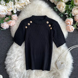 Sleeve O-neck High Quality Sweater Shirts With Decorated Buttons Girls Stretchy Crop Tops Sweaters Pullovers For