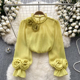 Shirt Female Design Sense Small Three-Dimensional Flower Bubble Sleeves To Reduce The Age Of Pure Color Chiffon Shirt Women's Long-Sleeved