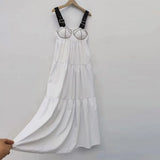 Patchwork Diamonds Dress For Women V Neck Sleeveless Loose Solid Midi Dresses Female Sexy Clothing Style New