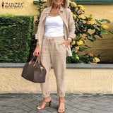 2022 ZANZEA Autumn Women 2PCS Suit Full Sleeve Turn-Down-Collar Solid Button Blouse Female Bohemian Holiday Loose Pockets