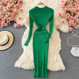 Women Shiny Knitted Dress Long Sleeve O Neck Elastic Slim Pencil Dresses Autumn Sexy Bodycon Streetwear Sweater